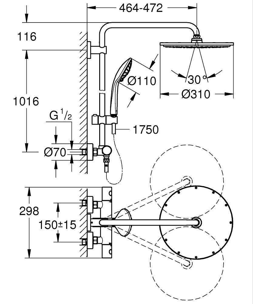 Grohe Euphoria System 310 Shower system with safety mixer for wall mounting 2 × 1 Brushed Hard Graphite 26075AL0