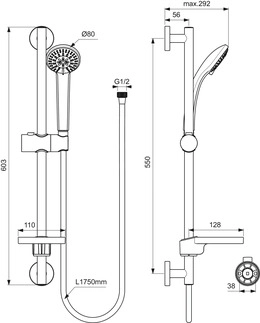 Ideal Standard Idealrain S3 Shower Head 3 Function, Hose 1750 mm Chrome-Plated 60 cm B 9503AA