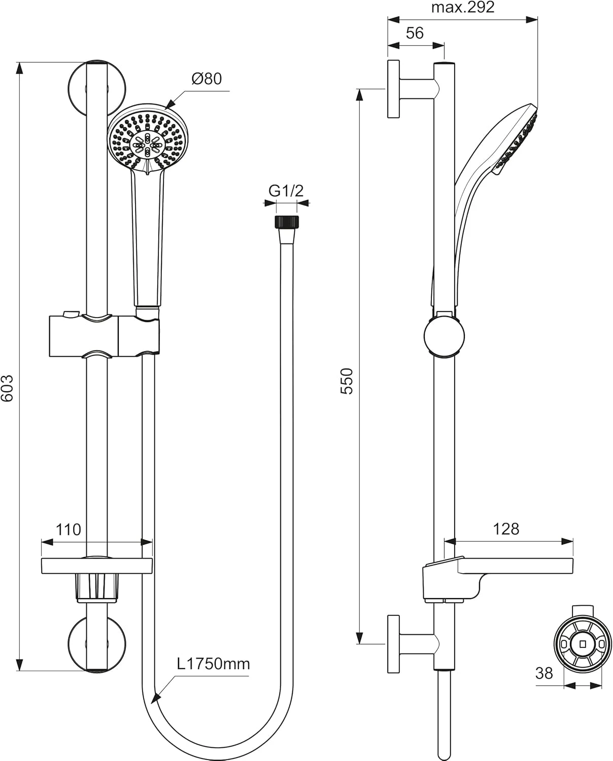 Ideal Standard Idealrain Shower Set 600 MM with Uni-Functional Hand Shower 80 MM Chrome B 9501AA