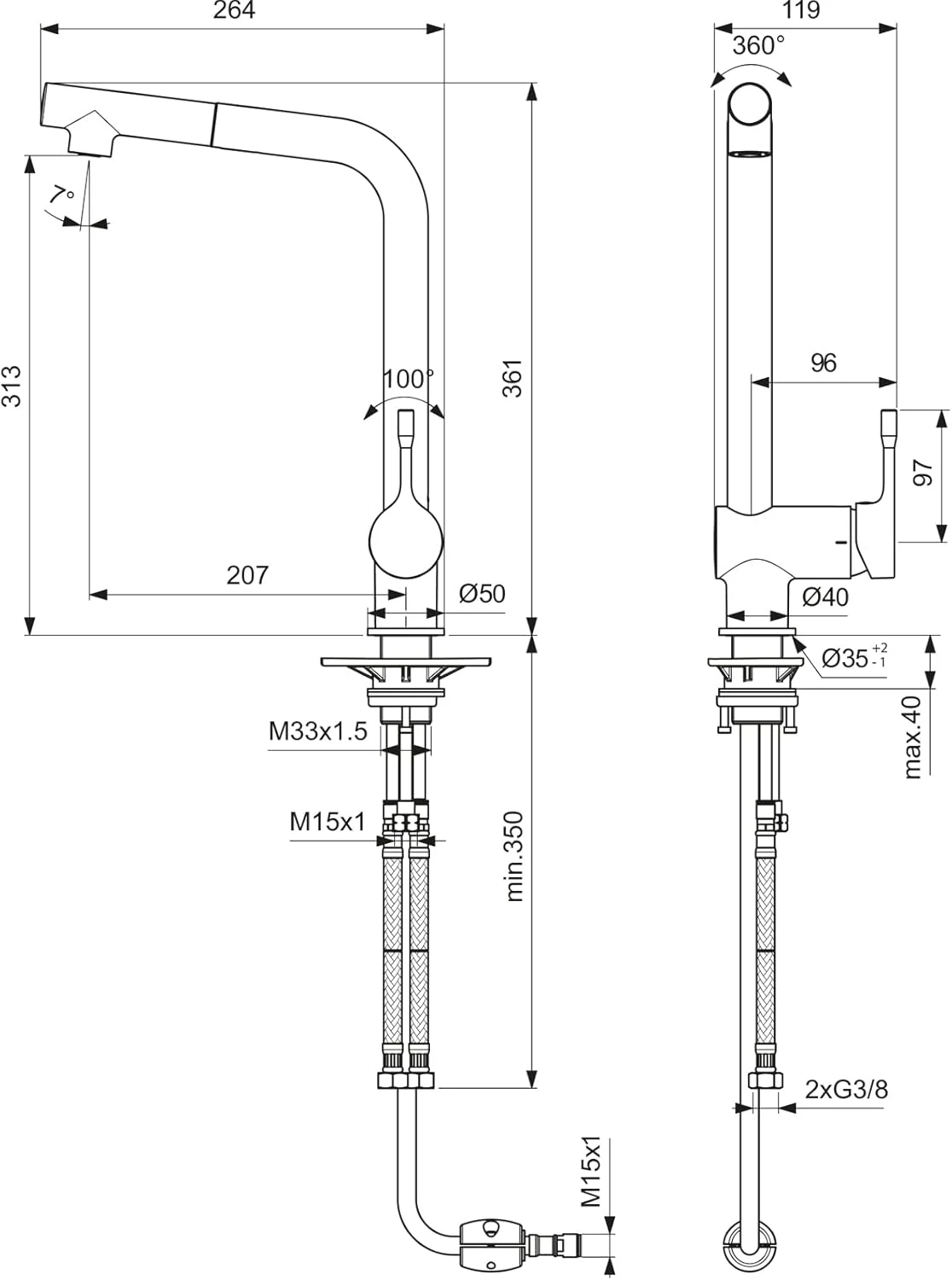 Ideal Standard Ceralook Countertop Mixer on sink, high spout, 1 function shower head, chrome BC 176AA
