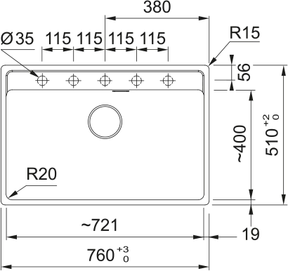فرانكى حوض جرانيت MRG 610-72 51 × 76 سم اونيكس اسود 1140661667 بالصرف
