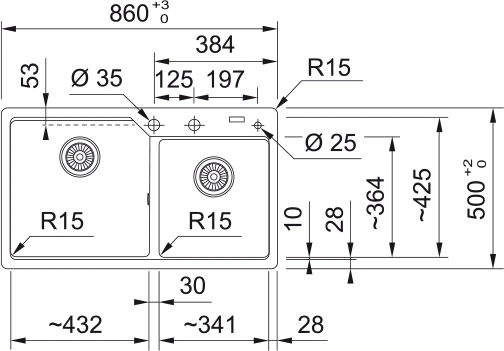 فرانكى حوض جرانيت UBG 50 × 86 سم اسود 2 عين 1140686775 بالصرف