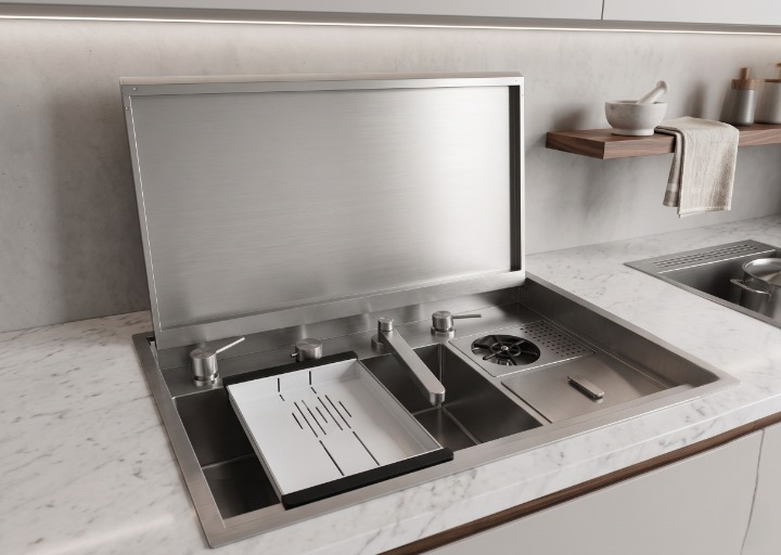 Beroia Smart Mechanism Kitchen Sink 50 × 82 cm EW 8250X with mixer, accessories, and drain Chrome
