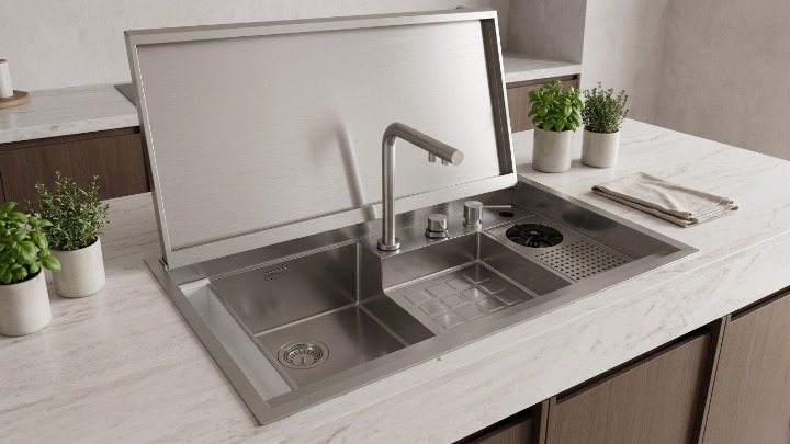 Beroia Smart Mechanism Kitchen Sink 50 × 88 cm EW 8850JX with mixer, accessories, and drain Chrome
