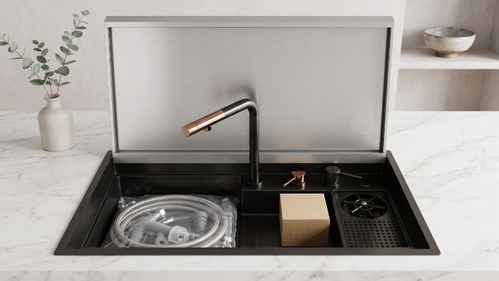 Beroia Smart Mechanism Kitchen Sink 50 × 88 cm EW 8850NJX with mixer, accessories, and drain Black