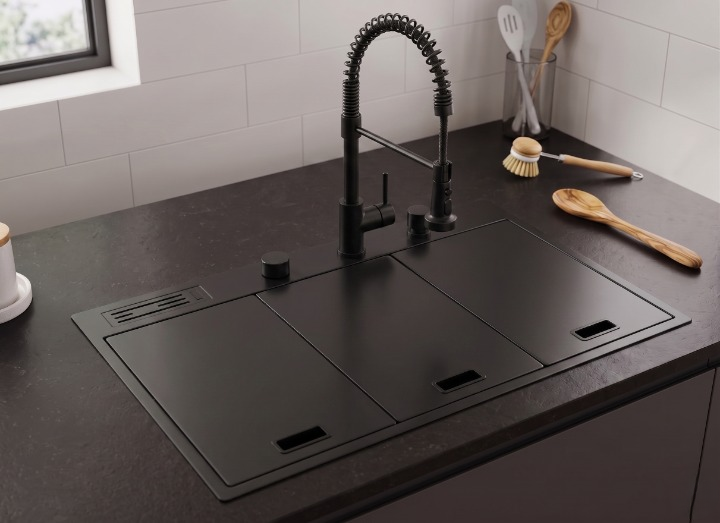 Beroia Smart Kitchen Sink 49 x 82 cm EW 8249NY with Mixer, Accessories and Drain Black