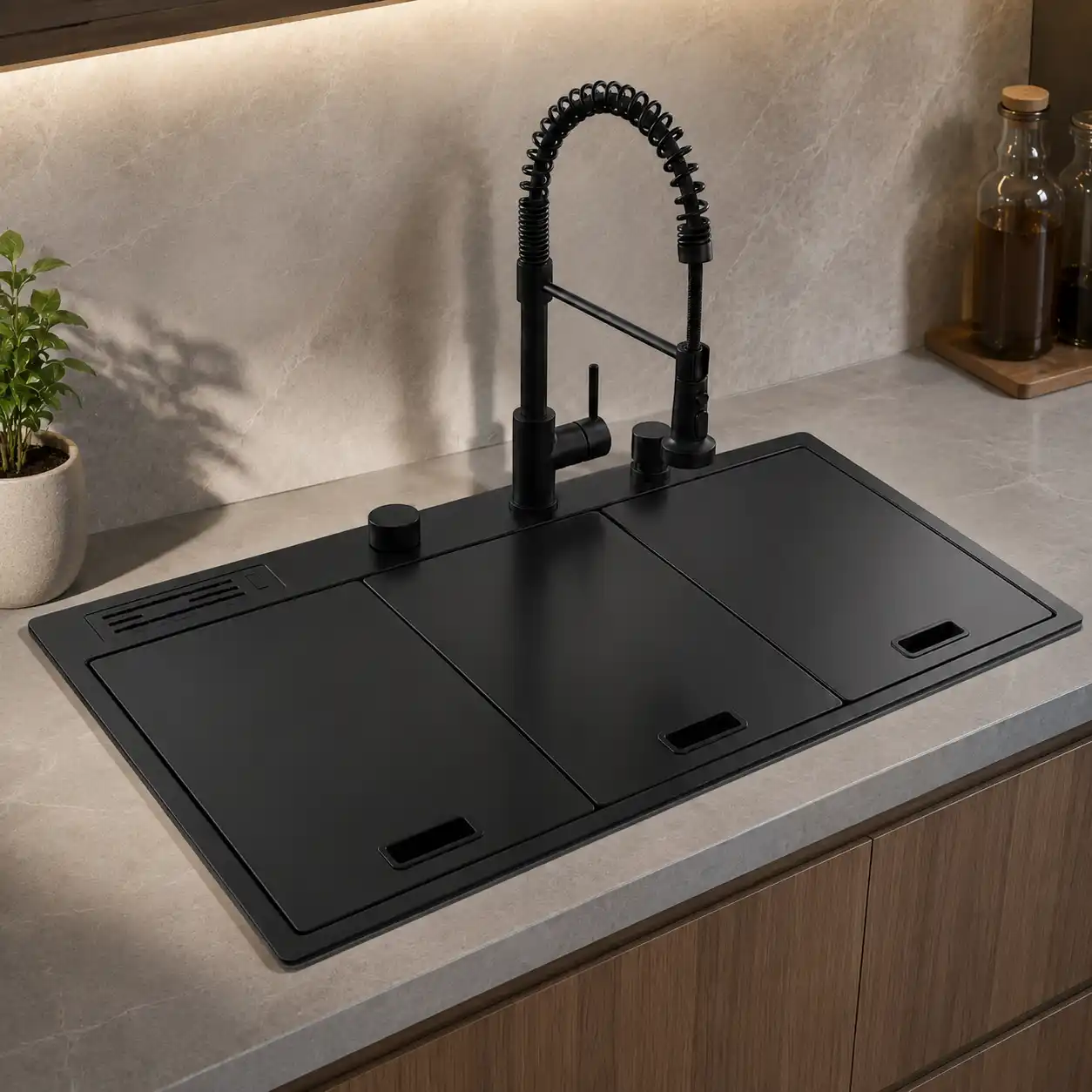 Beroia Smart Kitchen Sink 49 x 82 cm EW 8249NY with Mixer, Accessories and Drain Black