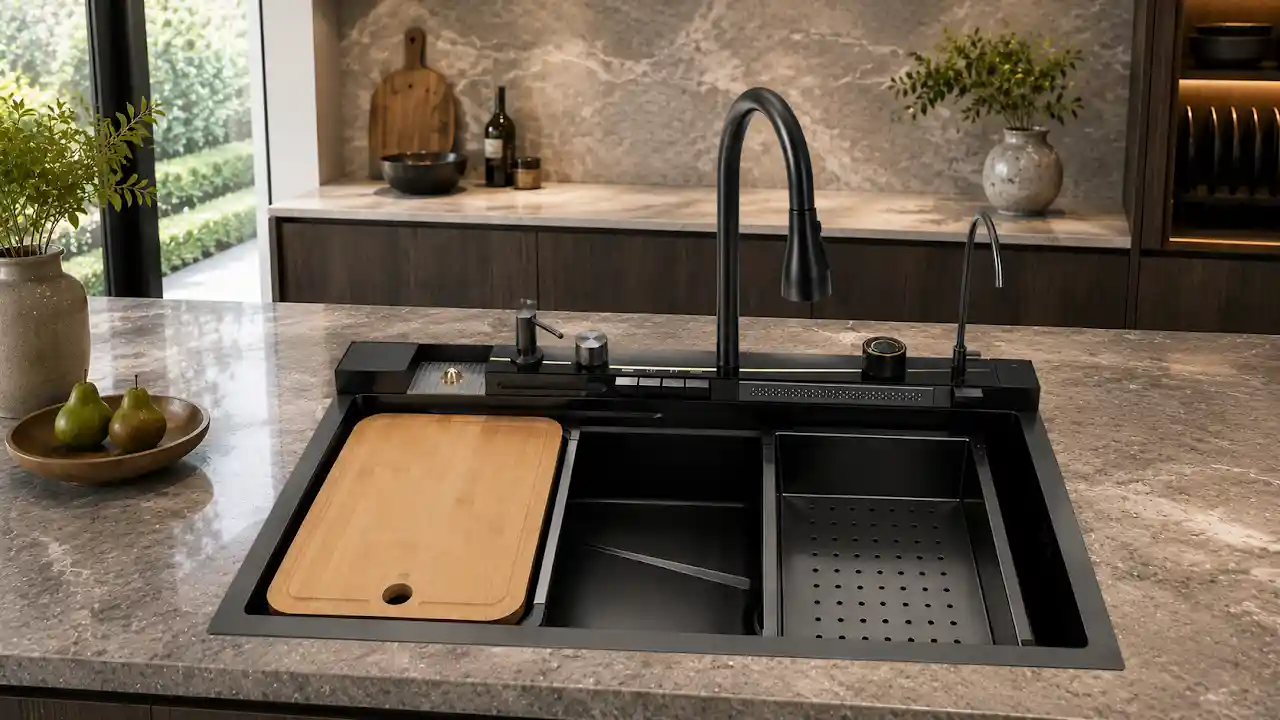Purity kitchen sink PSM 850 BL Digital / 85*48 cm with mixer, accessories and drain Black