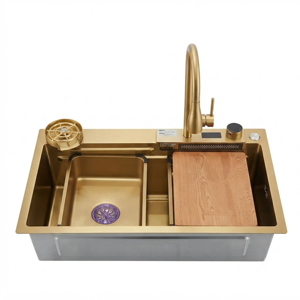 Asil Digital Kitchen Sink AS 3548 - 45×75 cm, 2-Button Control with Mixer, Accessories & Drain Gold