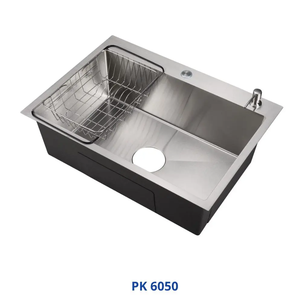 كورجى حوض مطبخ هاند ميد صينى 50 × 60 سم كروم PK 6050 بالصرف والاكسسوار PUR