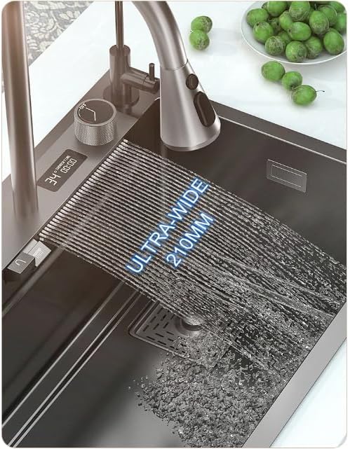 Wintel Digital Kitchen Sink 46x75 cm Black 2 Buttons 7546-2B with Faucet, Accessories & Waste