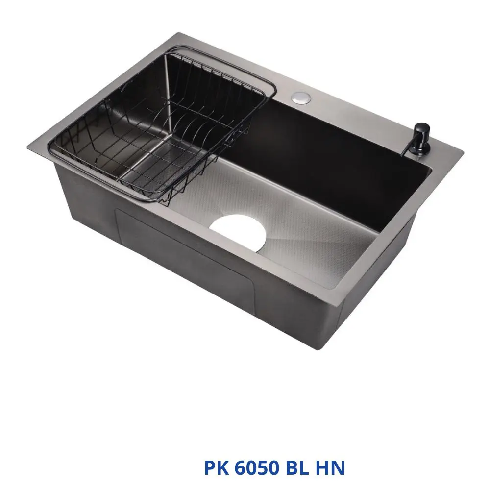 كورجى حوض مطبخ هاند ميد صينى 50 × 60 سم بلاك PK 6050BLHN بالصرف والاكسسوار PUR