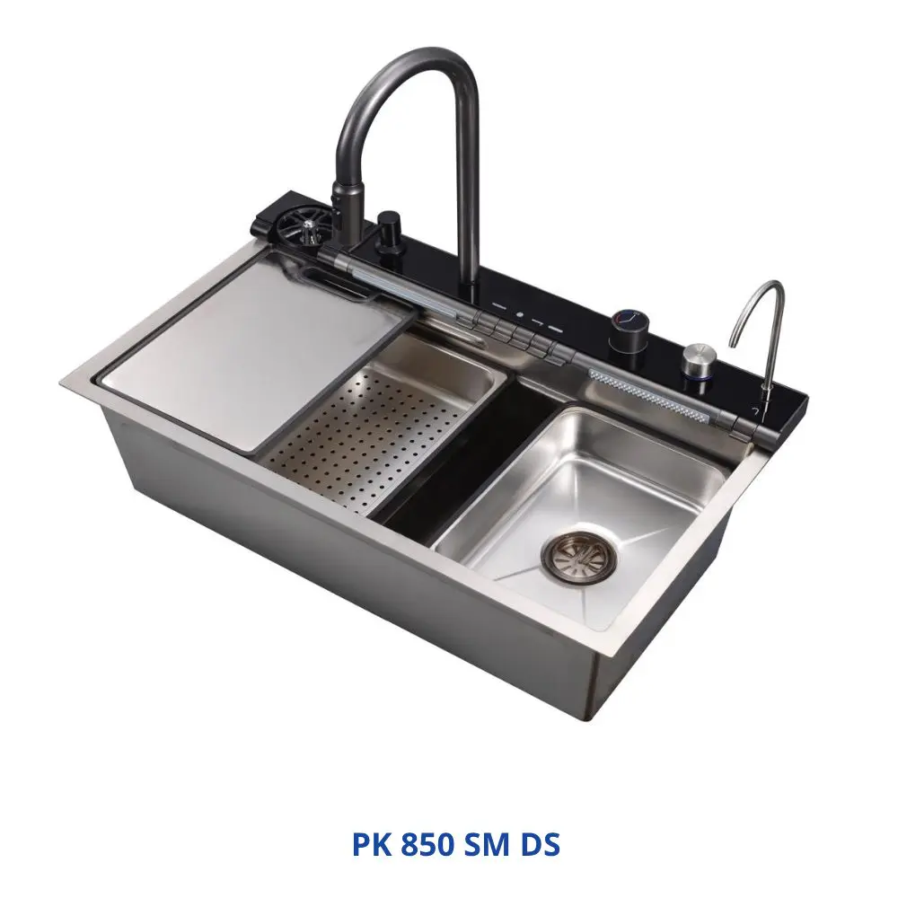 Koregy Digital Kitchen Sink 45x85 cm Chrome 7 Buttons PK 850SMDS with Faucet, Accessories & Waste PUR