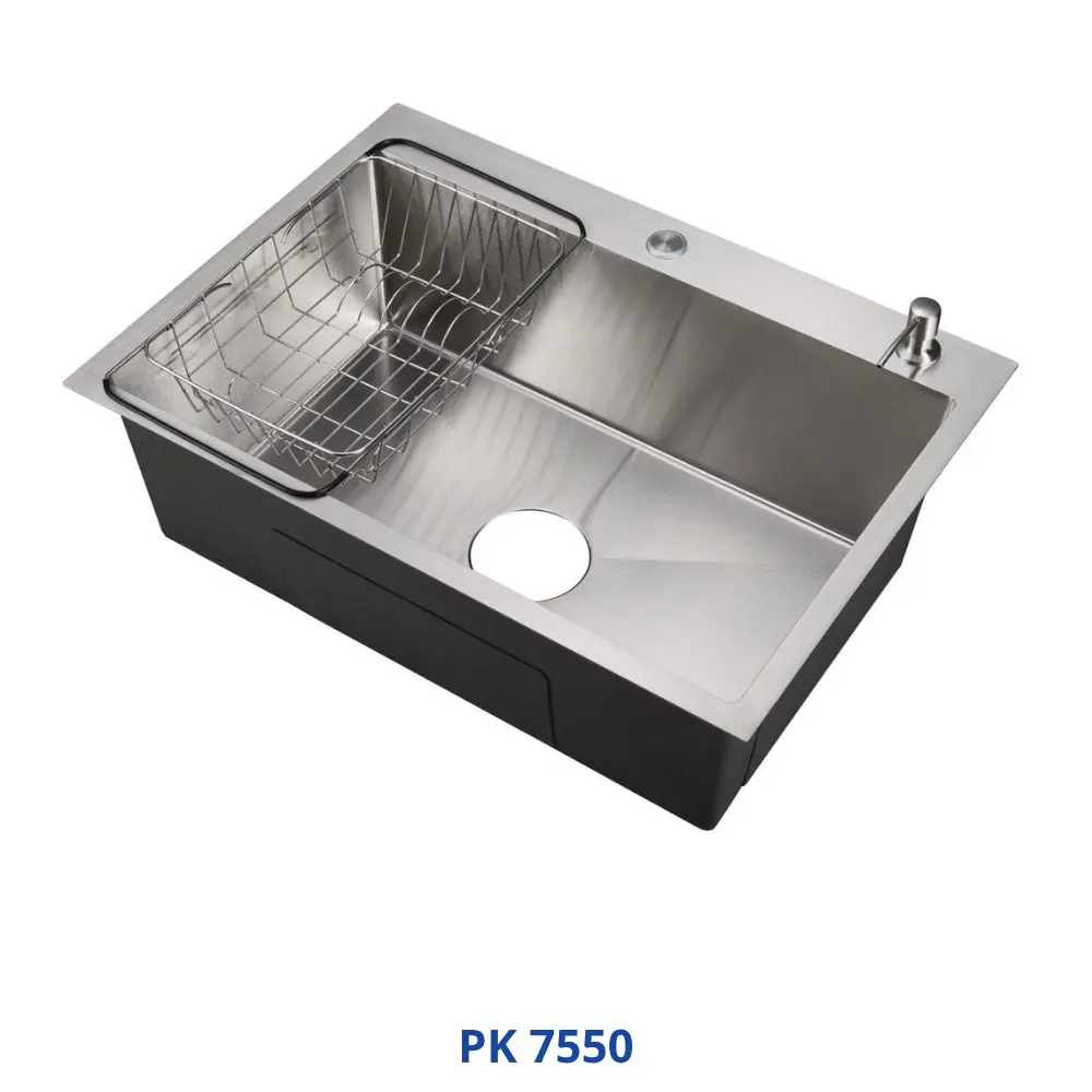 كورجى حوض مطبخ هاند ميد صينى 50 × 75 سم كروم PK 7550 بالصرف والاكسسوار PUR