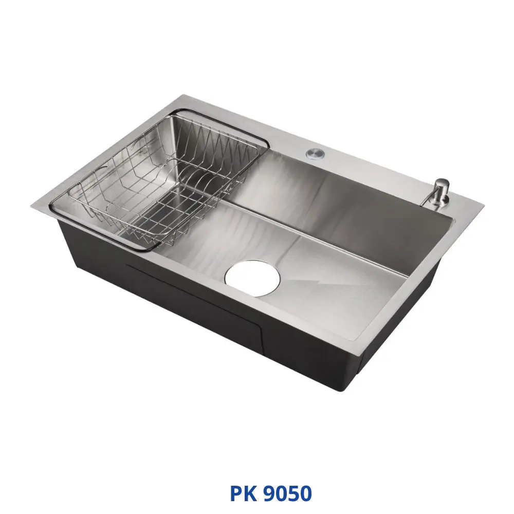 كورجى حوض مطبخ هاند ميد صينى 50 × 90 سم كروم PK 9050 بالصرف والاكسسوار PUR